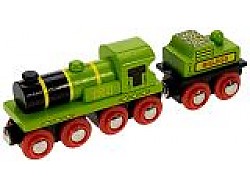 Bigjigs Rail - Zelená lokomotiva s tendrem + 3 koleje