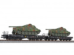 dvojice plošinových vozů SSyms DRB II.epocha naložené tanky set 2