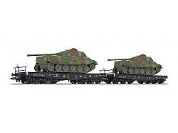 dvojice plošinových vozů SSyms DRB II.epocha naložené tanky set 1